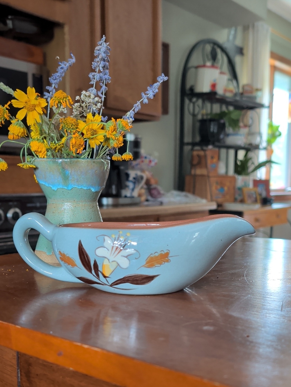 Vintage Stangl Blue Ceramic Gravy Boat with Brown and Yellow Floral Accent